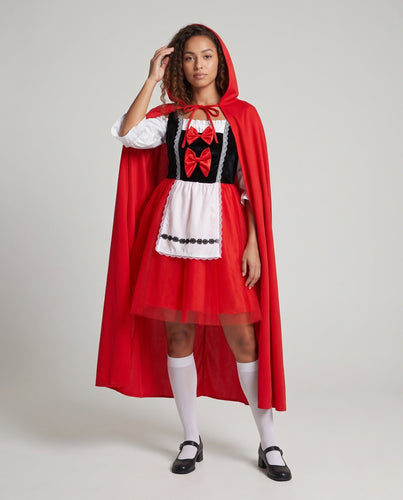 Damen Märchenhaftes Rotkäppchen Kostüm mit schimmerndem Überröckchen und detailverzierten Akzenten Shop Nory