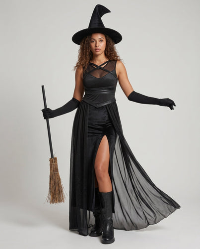 Damen schickes Hexenkleid mit langen transparenten Ärmeln Shop Nory