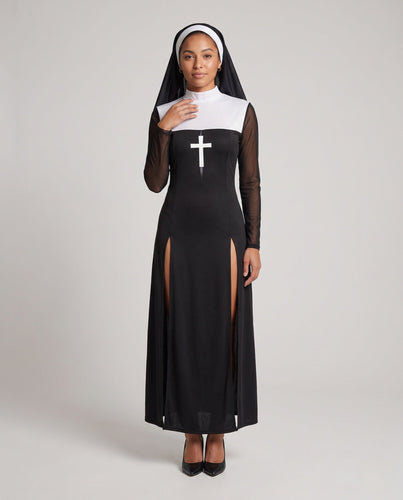 Damen sexy Nonnenkostüm mit durchsichtigen Ärmeln und zarten Kreuz-Verzierungen Shop Nory