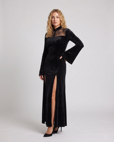 Damen Abendkleid mit Spitzenuntersetzung und tiefem Schlitz Shop Nory