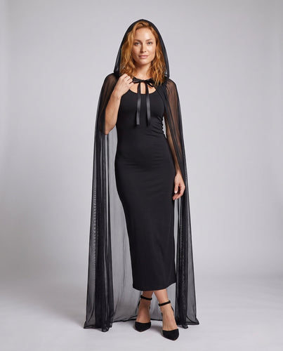 Damen elegantes Langarmkostüm mit schimmerndem Überrock und Kapuze Shop Nory