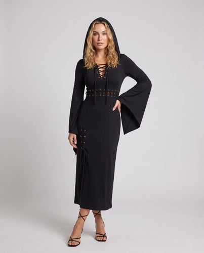 Damen Gothic Kleid mit Kapuze und weit ausgestellten Ärmeln Shop Nory