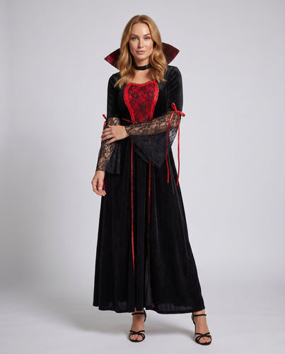 Damen Gothic Vampir-Halloween Kleid mit Spitzenärmel und schickem Umhang Shop Nory