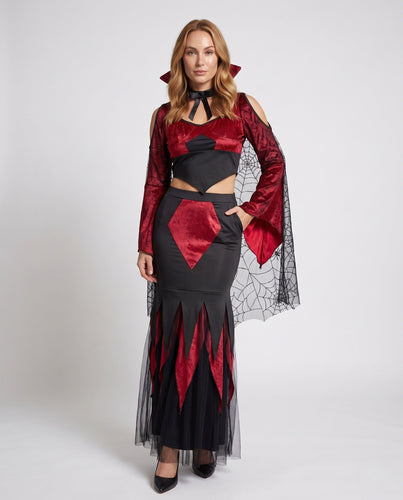 Damen Gothic Vampirkleid mit transparenten Tüllärmel und dramatischem Schlitz Shop Nory