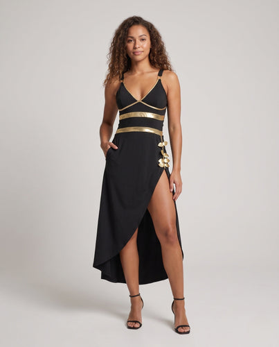Damen Kostümkleid mit hohem Schlitz und goldenen Akzenten Shop Nory