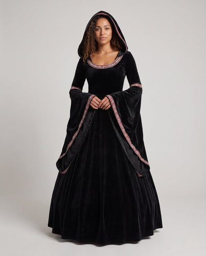Damen Mystisches Hexenkleid mit Kapuze und weit ausgestellten Ärmeln Shop Nory