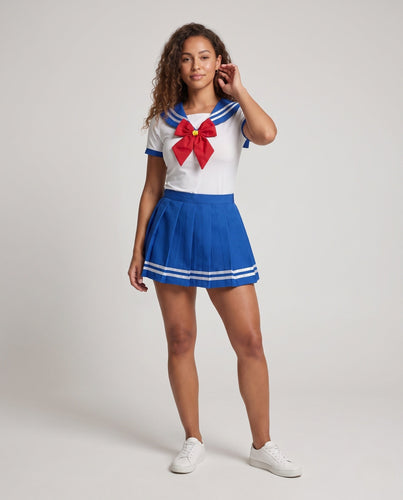 Damen Schulmädchen Kostüm mit gestreiftem Rock und Schleifenakzent Shop Nory