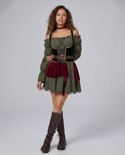 Frauen traditionelle Kleid mit Rüschendetails und figurbetontem Gürtel Shop Nory
