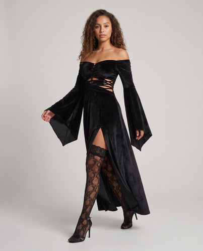 Damen Verspieltes Gothic Kostümkleid mit schulterfreiem Design und Tüllakzenten Shop Nory