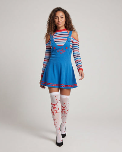 Damen vielseitiges und verspieltes Latzkleid mit gestreiften Langarmshirt Shop Nory