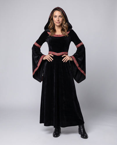 Damen Elegantes Kapuzenkleid mit weiten Ärmeln und aufwendigen Verzierungen Shop Nory