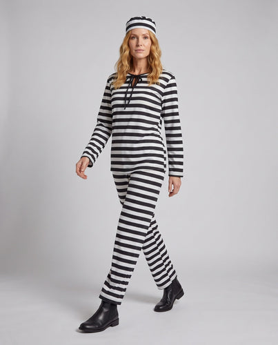 Damen gestreiftes Gefängnis-Kostüm mit Hut und stylischen Details Shop Nory