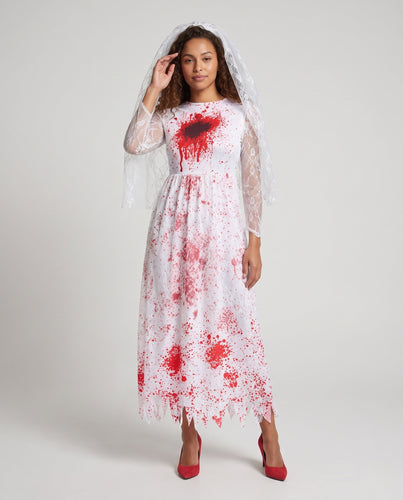 Damen Gruselige Hochzeitskleid mit Blutakzenten und transparentem Schleier Shop Nory