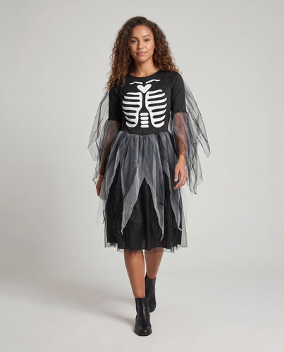 Damen Gruselige Skelett-Gehäuse mit transparenten Flügeln und Tüllrock Shop Nory