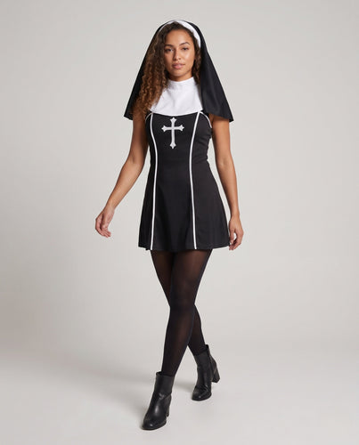 Damen Gruseliges Nonnenkostüm mit detailverliebtem Kreuz und elegantem Hut Shop Nory