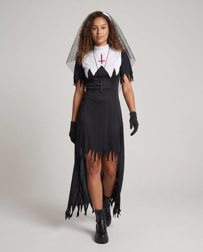Damen Halloween Nonnenkostüm mit schaurigen Details und langem Umhang Shop Nory