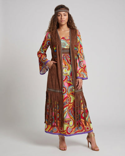 Damen Hippie Kleid mit bunten Mustern und Fransen Shop Nory