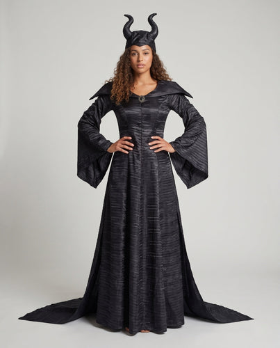 Damen Maleficent Kostüm mit voluminöser Kapuze und schimmerndem Satin Shop Nory