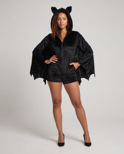 Damen Plüsch Fledermaus Kostüm mit Kapuze und ausgestellten Ärmeln Shop Nory