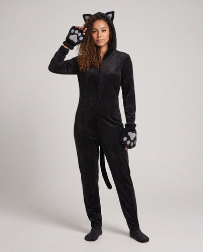 Damen Plüsch Katzenkostüm mit Kapuze und Pfoten-Details Shop Nory