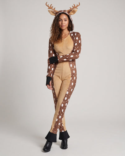 Damen Plüsch Rentier Overall mit Kapuze und niedlichen Details Shop Nory