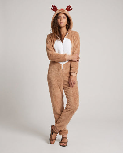 Damen Plüsch Rentier Overall mit Kapuze und tierischen Ohren Shop Nory