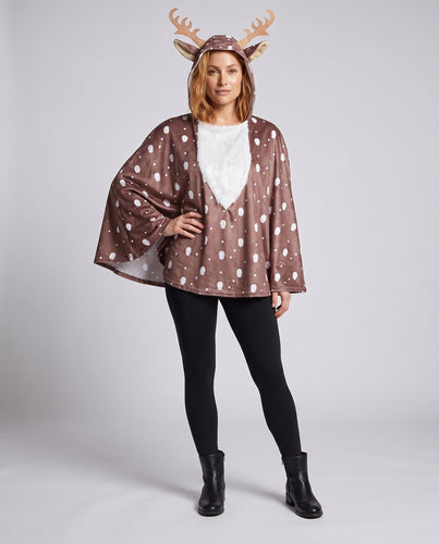 Damen Tierkostüm als reindeer-ähnliches Poncho mit Kapuze und 3D Geweihen Shop Nory