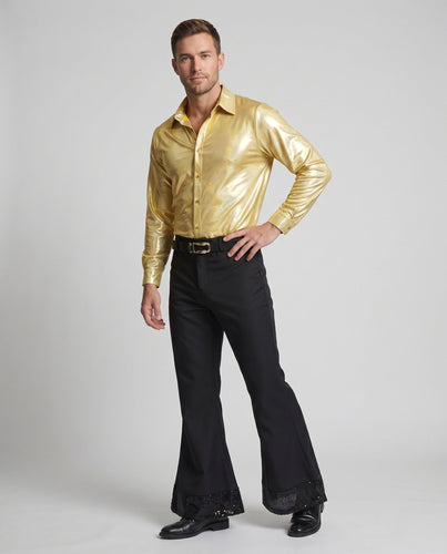 Herren Disco Outfit mit glänzender Bluse und weiten Hosen Shop Nory