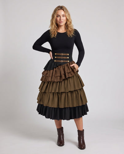 Damen Eleganter gestufter Rock mit aufwendigen Rüschen und dekorativen Knöpfen Shop Nory