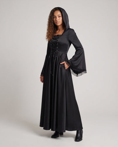 Damen Elegantes Kapuzenkleid mit weiterem Ärmel und Schnürung Shop Nory