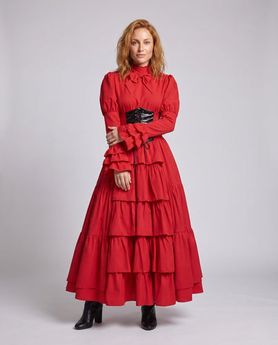 Frauen Elegantes Rüschenspiel Kleid mit Hohem Kragen und Schnürdetails Shop Nory