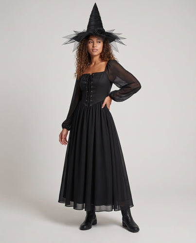 Damen Hexenkleid mit transparenten Ärmeln und elegantem Schnürdesign Shop Nory