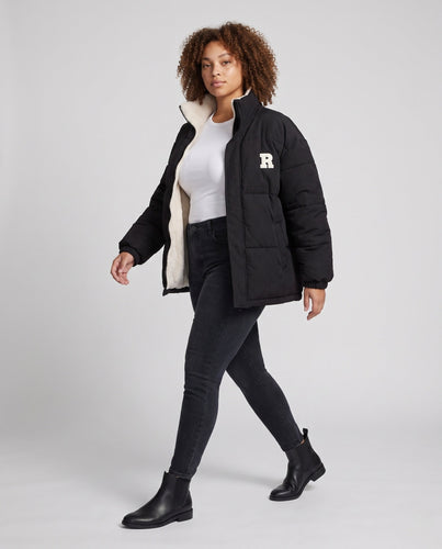 Damen gesteppte Cordjacke mit Teddyfutter, Stehkragen und oversized Passform