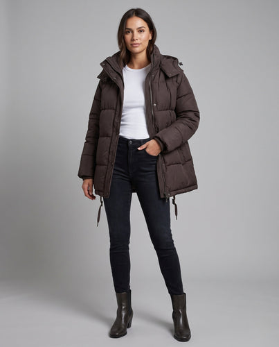 Damen kurze gepolsterte Winterjacke mit hohem Stehkragen und verdeckter Knopfleiste