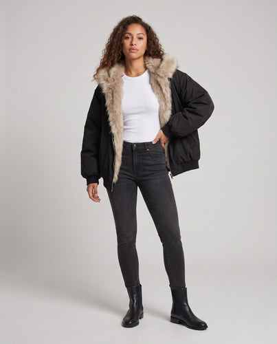 Damen kurze Fake-Fur-Bomberjacke mit kontrastierenden Bündchen