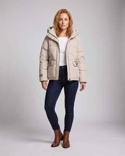 Damen kurze boxy Pufferjacke mit Kontrastfutter und aufgesetzten Klappentaschen