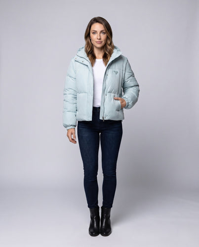 Damen kurze gesteppte boxy Pufferjacke mit Kapuze, verstellbarem Saum und elastischen Bündchen