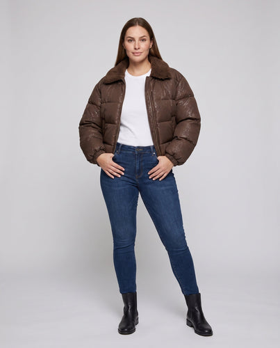 Damen nicht gepolsterte Pufferjacke mit Glitzereffekt und gemütlichem Kunstfellkragen