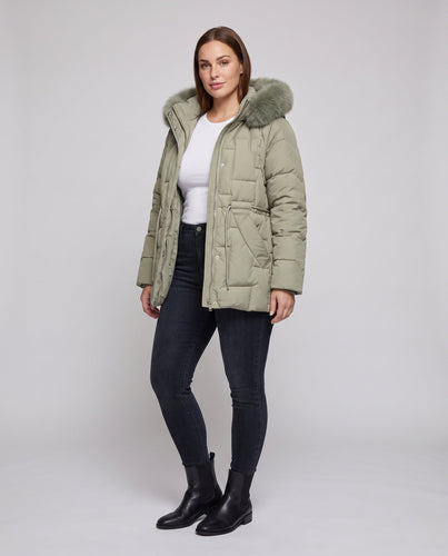 Damen Nano gepolsterter Parka mit abnehmbarem Kunstfellbesatz, verstellbarem Kordelzug in der Taille und thermischer Isolierungspolsterung