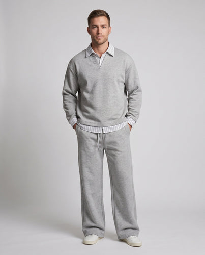 Herren Freizeitanzug Set mit Hemdkragen, V-Ausschnitt Pullover und Kordelzugbund