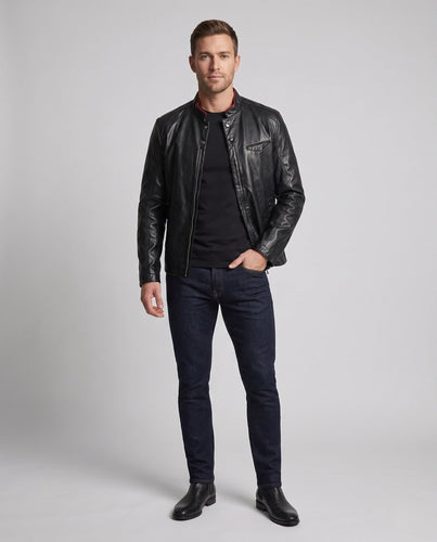 Herren Faux-Leder Bikerjacke mit Stehkragen und schlanker Silhouette Shop Nory