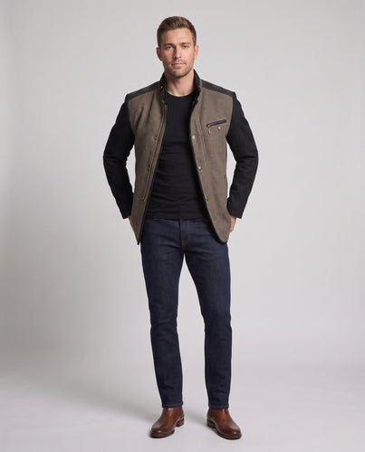 Herrenmanteljacke mit Stehkragen, doppelter Verschluss und strukturiertem Materialmix Shop Nory