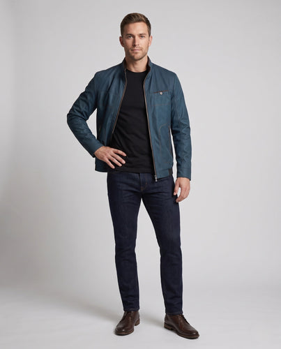 Herren Stehkragen Kunstlederjacke mit perforierten Schulterpaneelen, Reißverschluss vorne und gemustertem Futter Shop Nory