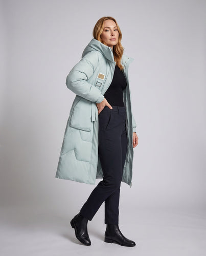 Damen Lange Thermo Steppjacke mit Übergroßer Kapuze und Windschutz Shop Nory