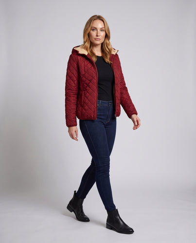 Damen gesteppte Jacke mit Kapuze und Teddy-Futter leichte gesteppte Winterjacke mit Reißverschluss Shop Nory