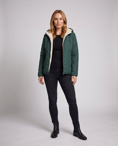 Damen Steppjacke mit Kapuze und Teddy-Futter Leichte isolierte Übergangsjacke Shop Nory