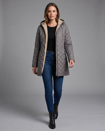 Damen gesteppter Mantel mit Teddy-Futter und Kapuze Shop Nory