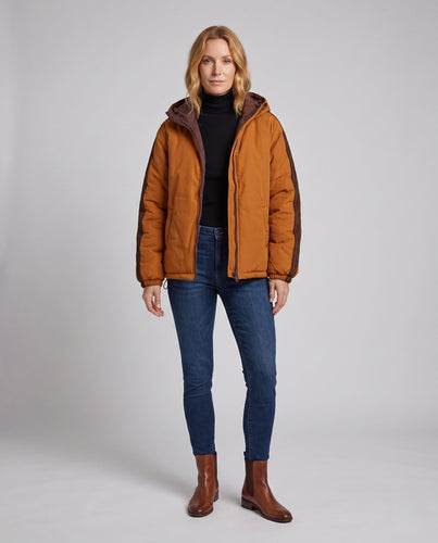 Damen Urban gesteppter Parka mit hohem Stehkragen, Kapuze und sportlichen Streifen Shop Nory