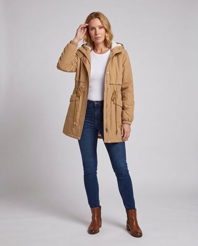 Damen Wind- und Übergangsparka mit Teddy-Haube und verstellbarem Taillenzug Shop Nory