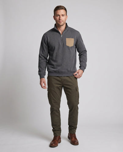 Herren Halb-Zip Sweatshirt mit Stehkragen, Kunstleder-Brusttasche und sportlichem Schnitt Shop Nory